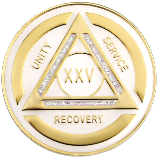 A blue and gold AA (Alcoholics Anonymous) recovery coin on a white background.